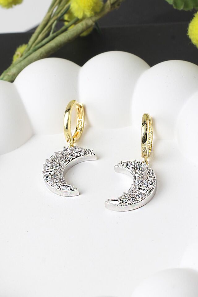 Ay Küpe Zirkon Baget Taşlı 925 Ayar Gümüş Küpe