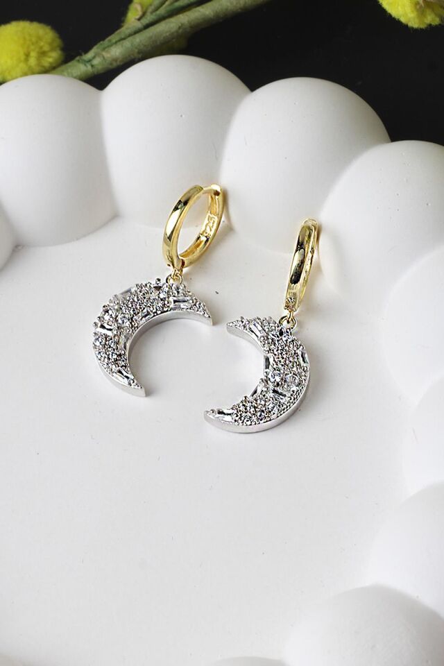 Ay Küpe Zirkon Baget Taşlı 925 Ayar Gümüş Küpe