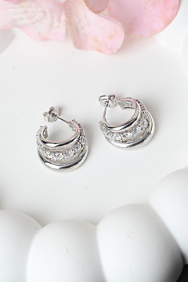 Halka Küpe Beyaz Silver Zirkon Taşlı 925 Ayar Gümüş Küpe