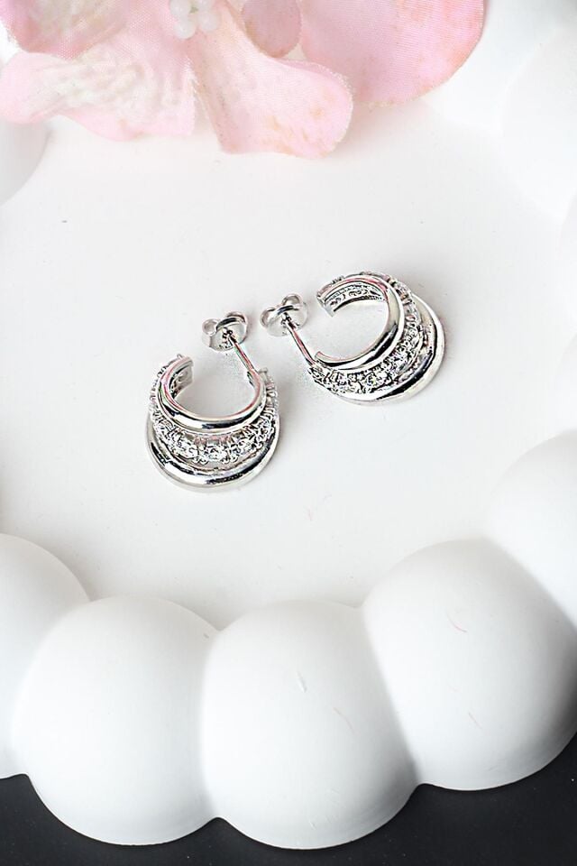 Halka Küpe Beyaz Silver Zirkon Taşlı 925 Ayar Gümüş Küpe