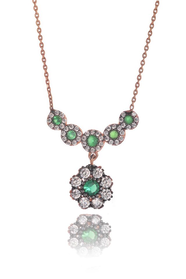 Yuvarlak Zümrüt Model 925 Ayar Gümüş Kolye - Rose