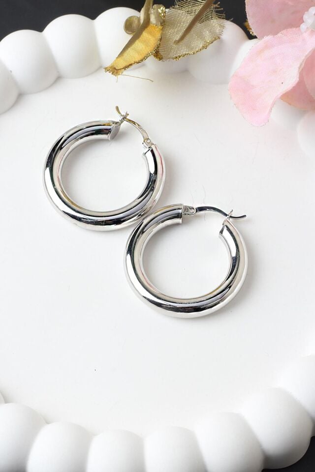 Halka Küpe Kalın Bombeli Silver Beyaz 925 Ayar Gümüş Küpe