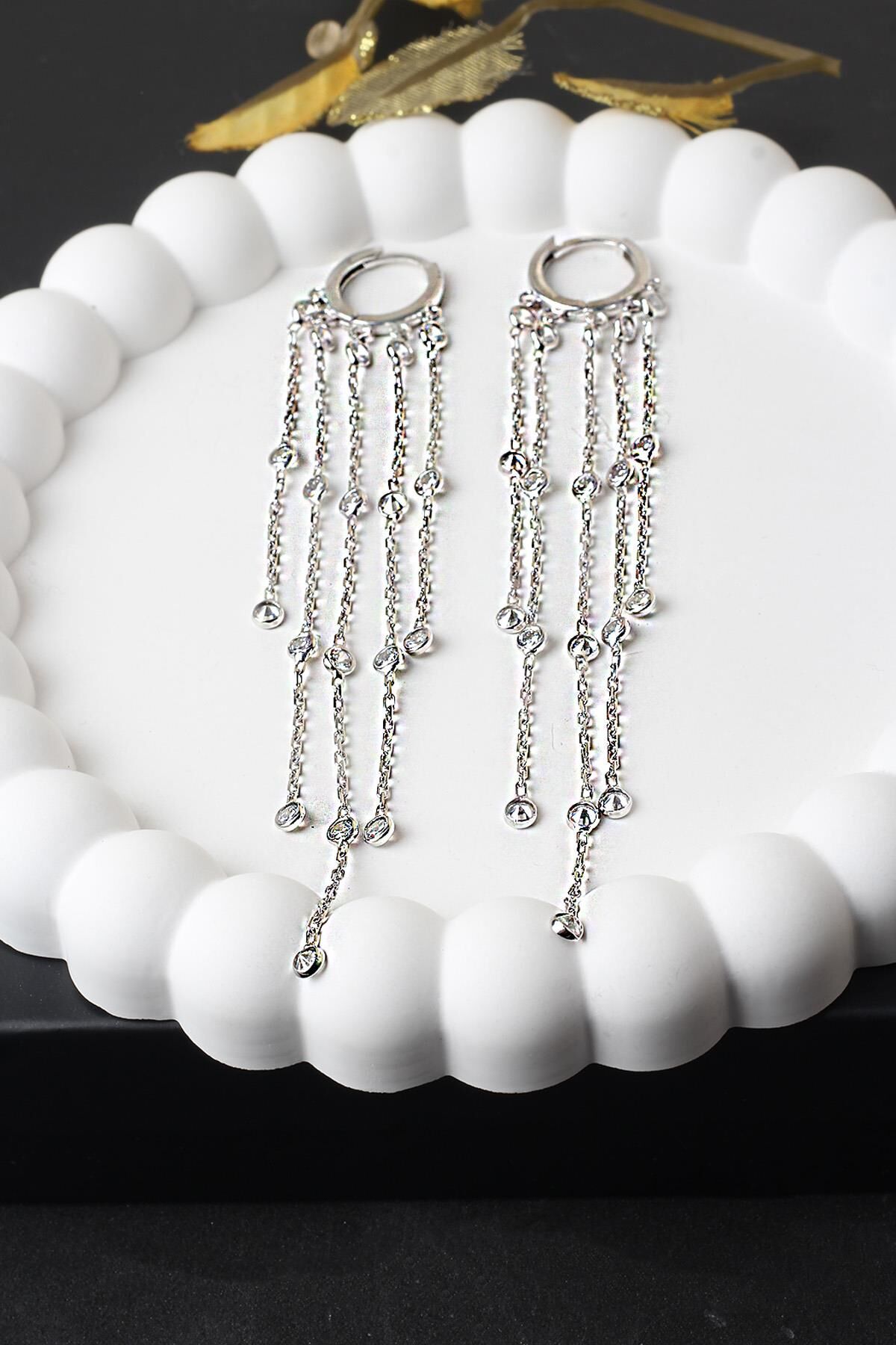 Zincir Küpe Sallantılı Zirkon Taşlı 925 Ayar Gümüş Küpe