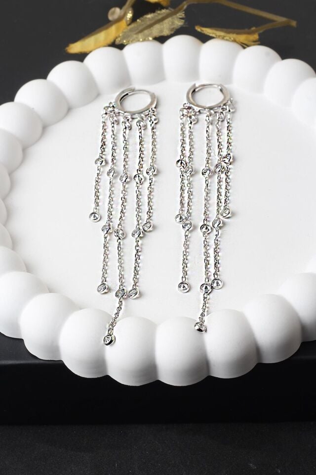 Zincir Küpe Sallantılı Zirkon Taşlı 925 Ayar Gümüş Küpe