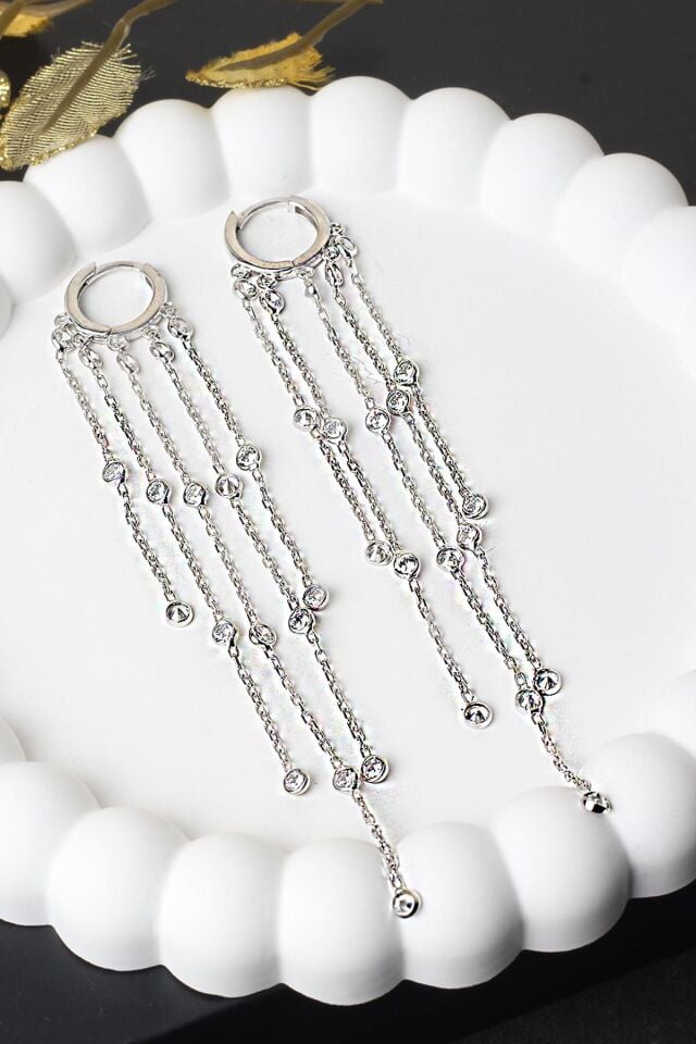 Zincir Küpe Sallantılı Zirkon Taşlı 925 Ayar Gümüş Küpe