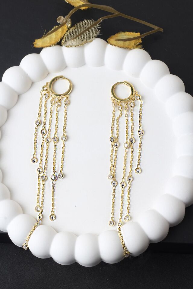 Zincir Küpe Sallantılı Zirkon Taşlı 925 Ayar Gümüş Küpe