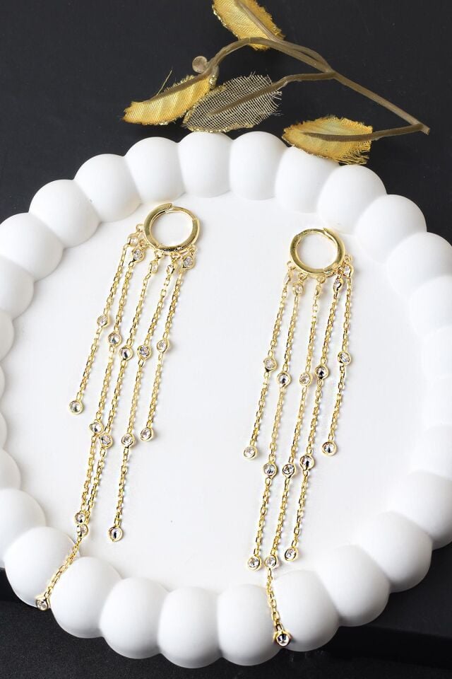 Zincir Küpe Sallantılı Zirkon Taşlı 925 Ayar Gümüş Küpe