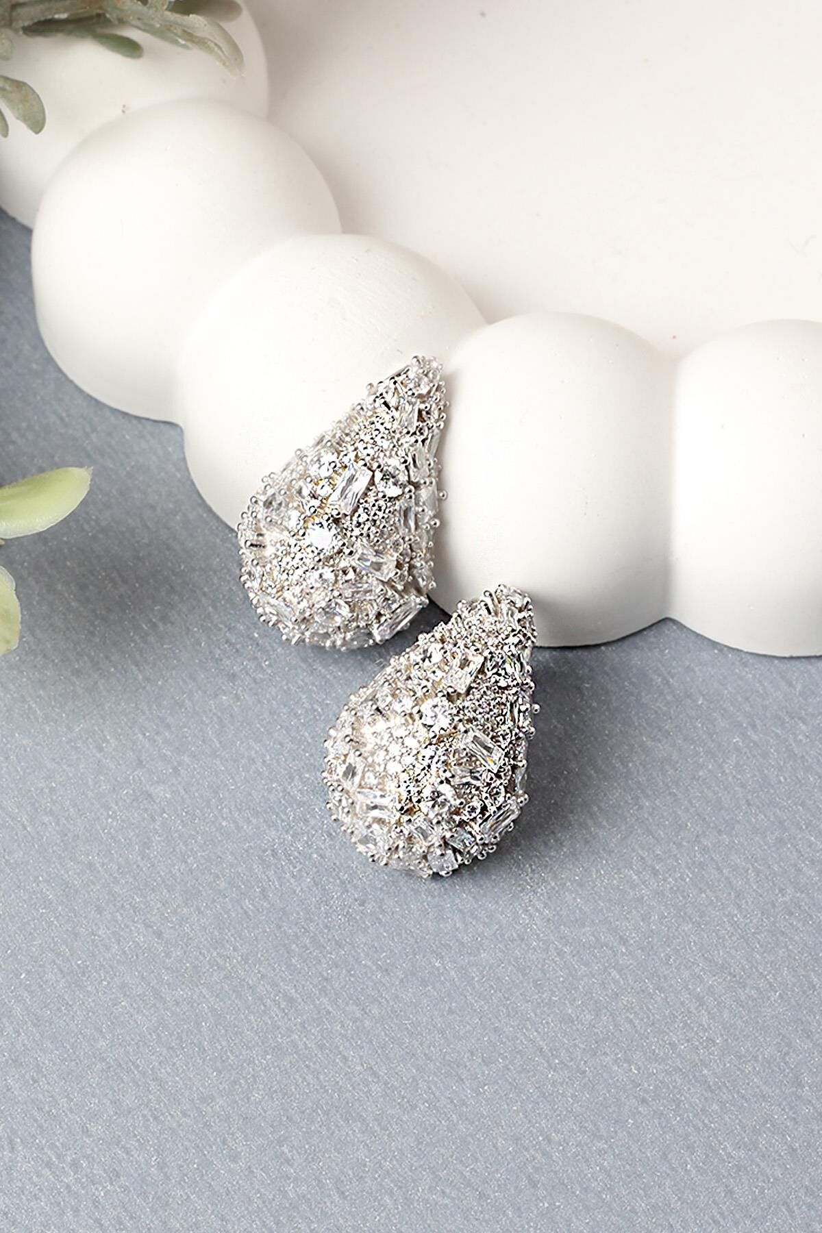 Damla Küpe Baget Zirkon Taşlı Silver 925 Ayar Gümüş Küpe