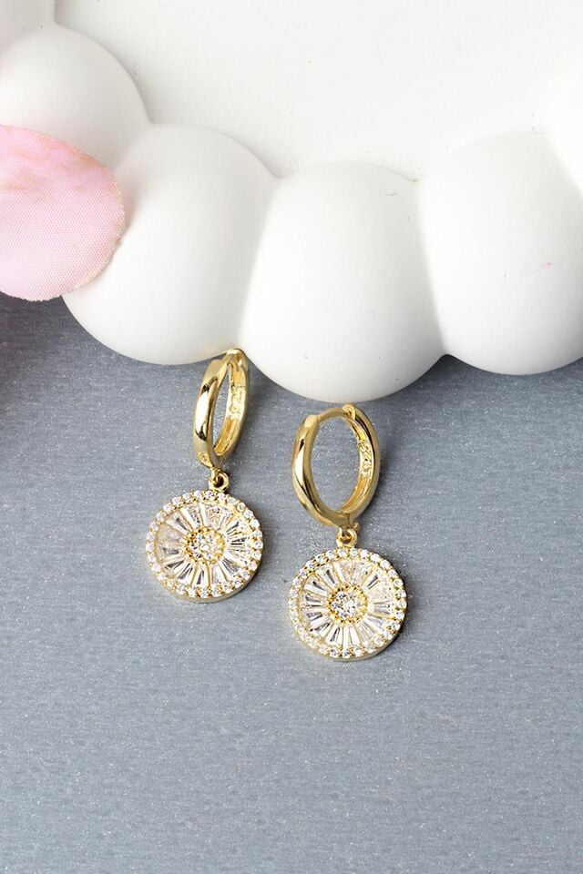 Sallantılı Yuvarlak Baget Zirkon Taşlı Silver Beyaz 925 Ayar Gümüş Küpe