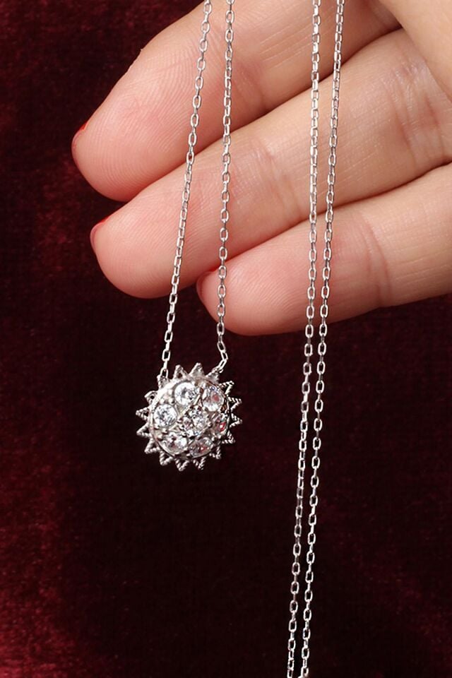 Yuvarlak Zirkon Taşlı Silver Beyaz 925 Ayar Zincir Gümüş Kolye
