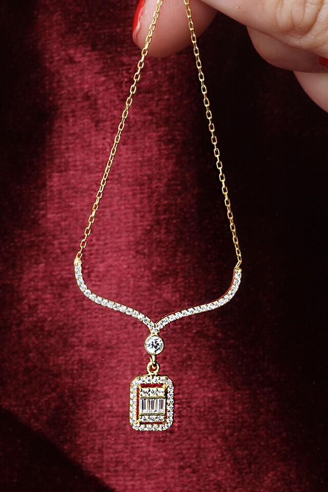 Baget Kolye Zirkon Taşlı 925 Ayar Gümüş Zincir Kolye