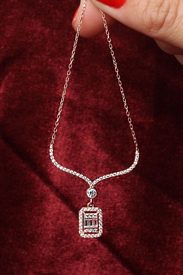 Baget Kolye Zirkon Taşlı 925 Ayar Gümüş Zincir Kolye