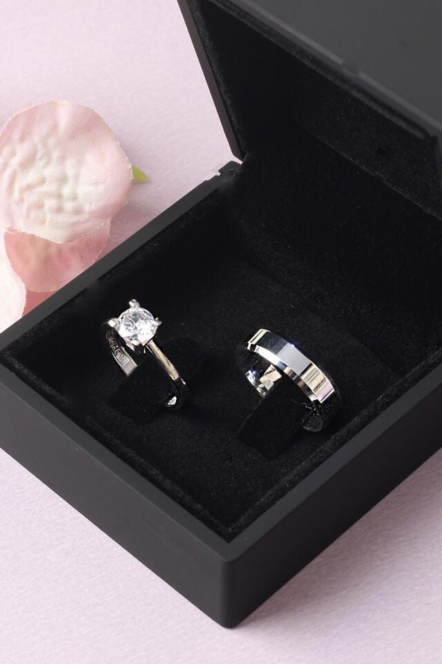 Alyans Tektaş Yüzük Seti 925 Ayar Zirkon Taşlı Beyaz Silver Gümüş Yüzük Seti Nişan Düğün Alyans