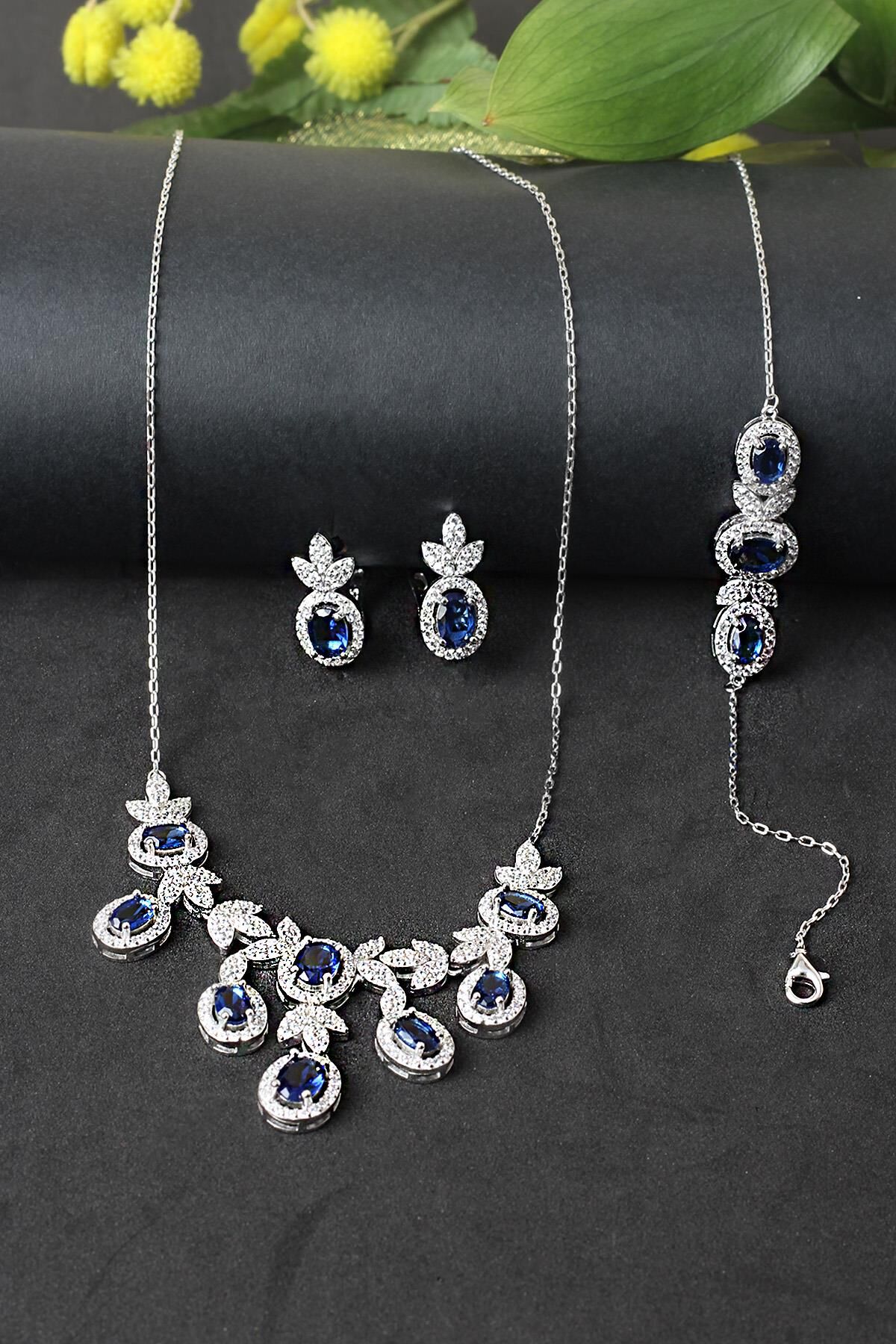 Gümüş Set Gerdanlık Kolye Küpe Bileklik Renkli Safir Zümrüt Yakut 925 Ayar Zirkon Taşlı Beyaz Silver Zincirli Özel Günler İçin Düğün Kına Nişan Abiye Set