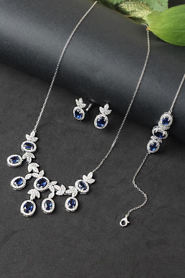 Gümüş Set Gerdanlık Kolye Küpe Bileklik Renkli Safir Zümrüt Yakut 925 Ayar Zirkon Taşlı Beyaz Silver Zincirli Özel Günler İçin Düğün Kına Nişan Abiye Set