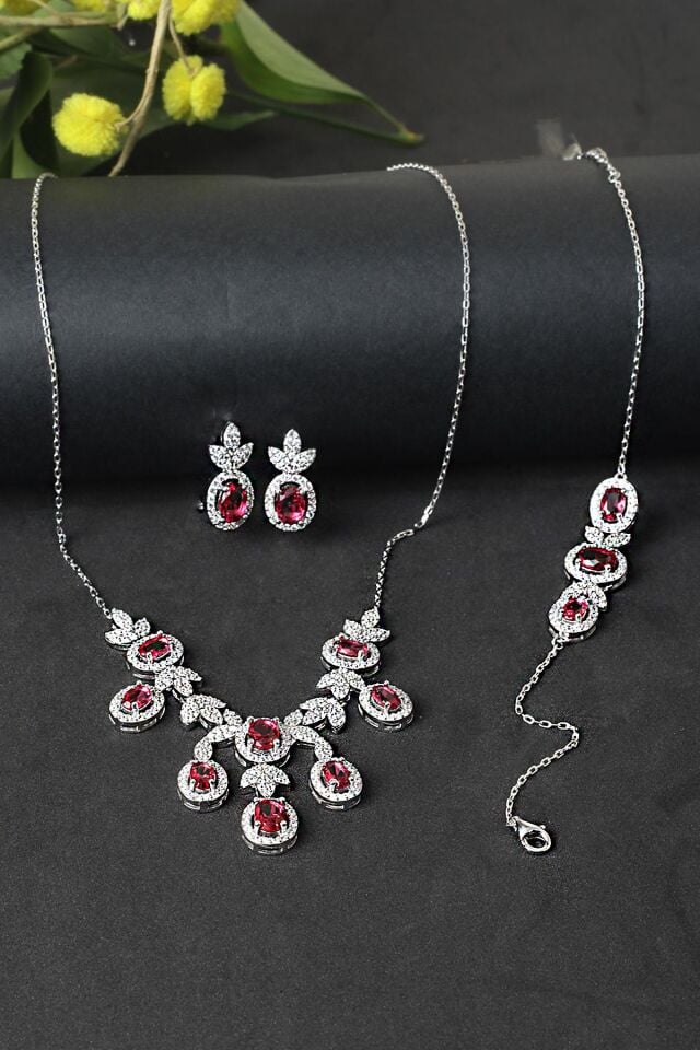 Gümüş Set Gerdanlık Kolye Küpe Bileklik Renkli Safir Zümrüt Yakut 925 Ayar Zirkon Taşlı Beyaz Silver Zincirli Özel Günler İçin Düğün Kına Nişan Abiye Set