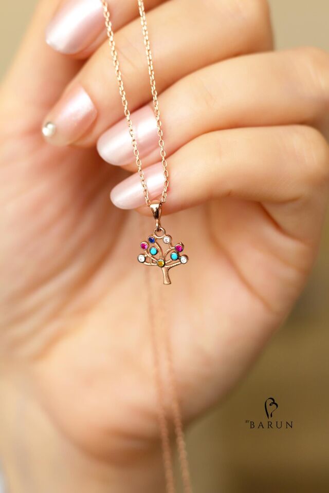 Hayat Ağacı Renkli 925 Ayar Gümüş Kolye - Rose