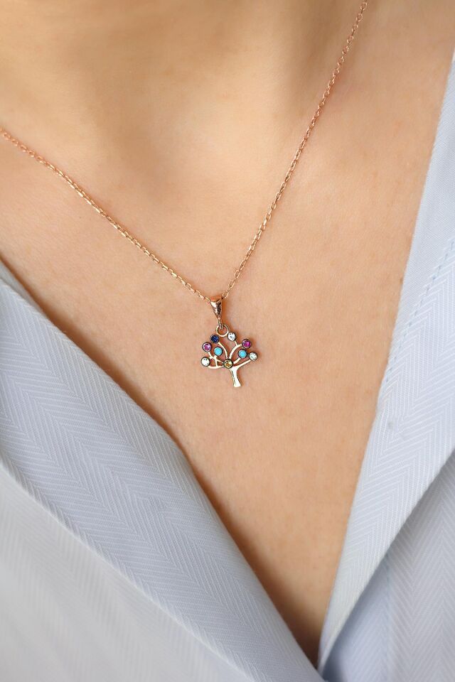 Hayat Ağacı Renkli 925 Ayar Gümüş Kolye - Rose