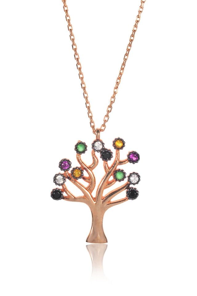 Hayat Ağacı Renkli 925 Ayar Gümüş Kolye - Rose