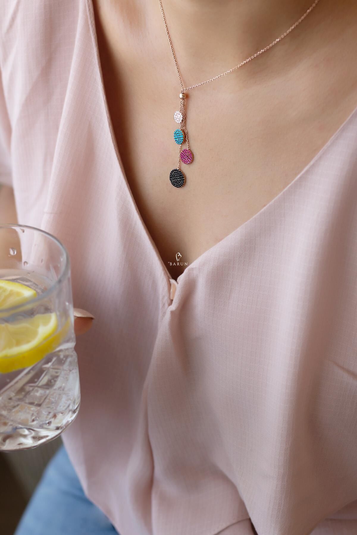 Renkli Yuvarlak Taşlı 925 Ayar 4'lü Gümüş Kolye - Rose