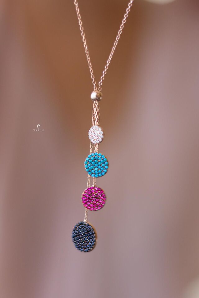 Renkli Yuvarlak Taşlı 925 Ayar 4'lü Gümüş Kolye - Rose