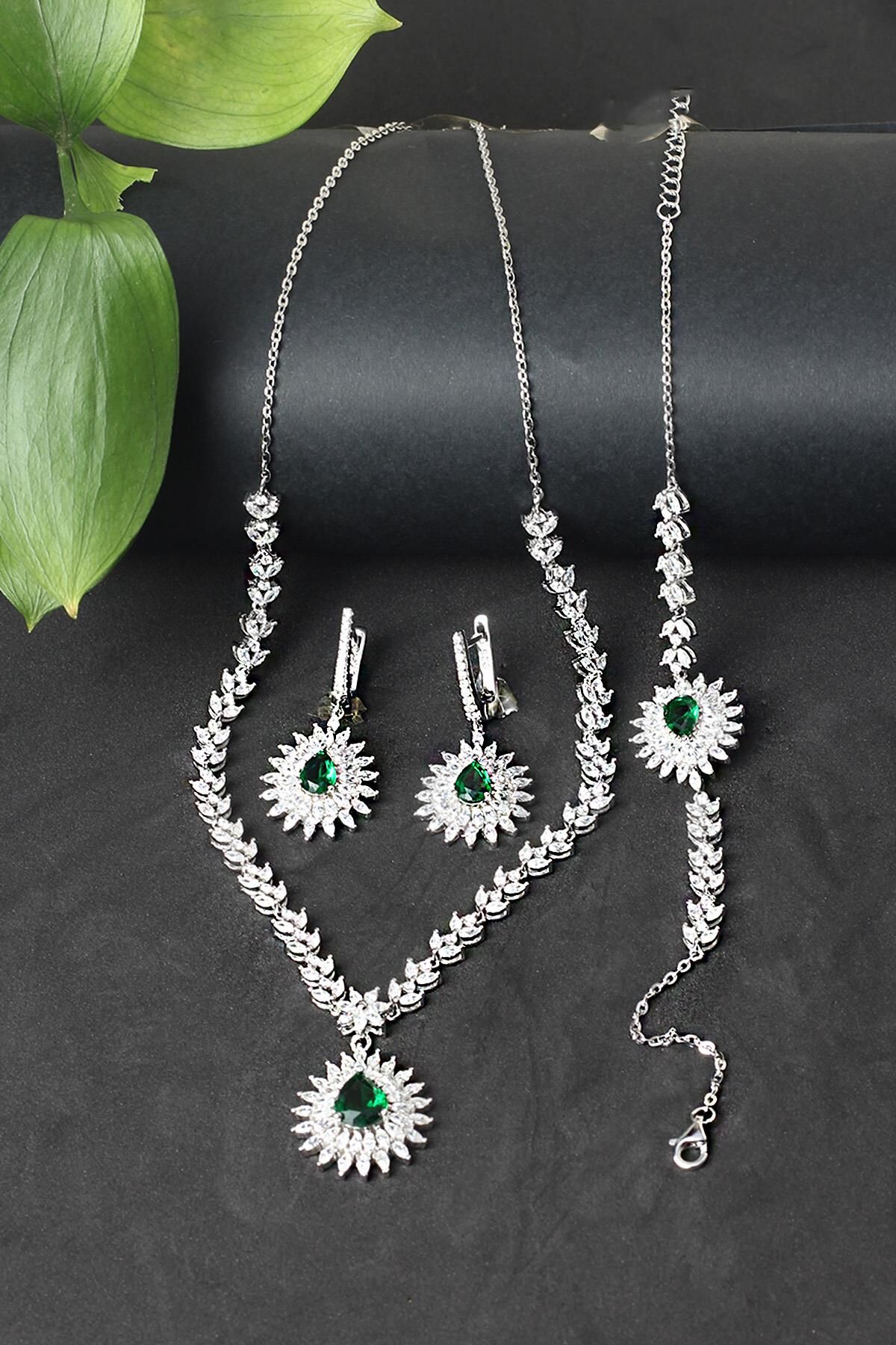 Gümüş Set Gerdanlık Kolye Küpe Bileklik Zümrüt 925 Ayar Zirkon Taşlı Beyaz Silver Set Özel Günler İçin Düğün Kına Nişan Abite Set