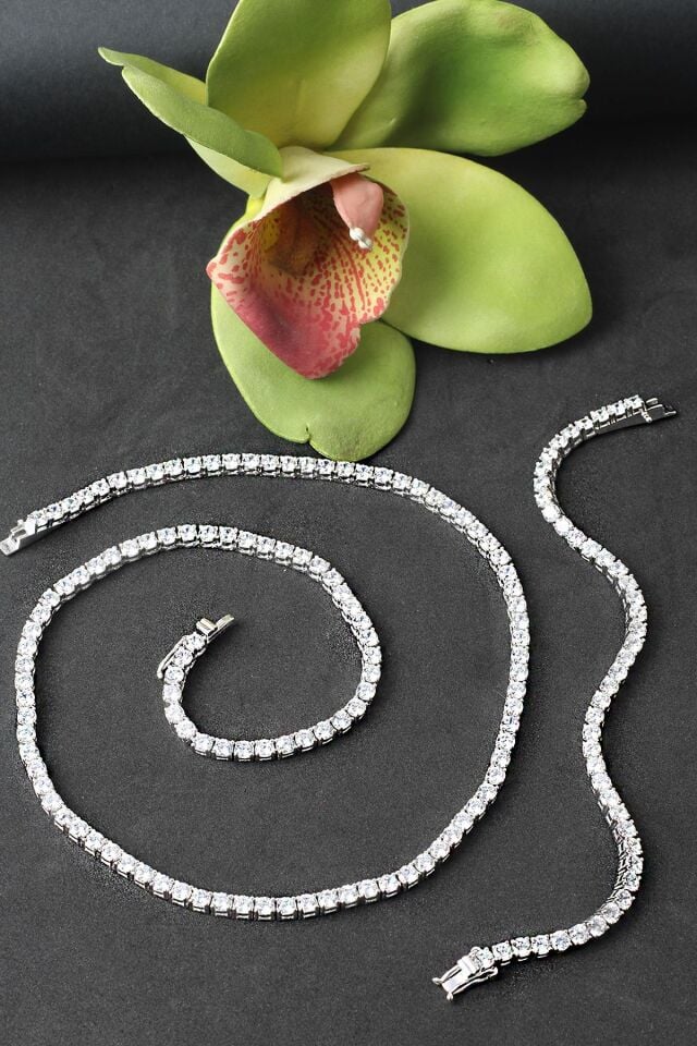 Su Yolu Gümüş Gerdanlık Set Kolye Bileklik 925 Ayar Gümüş Silver Beyaz Zirkon Taşlı Özel Günler İçin Düğün Kına Nişan Abiye Set