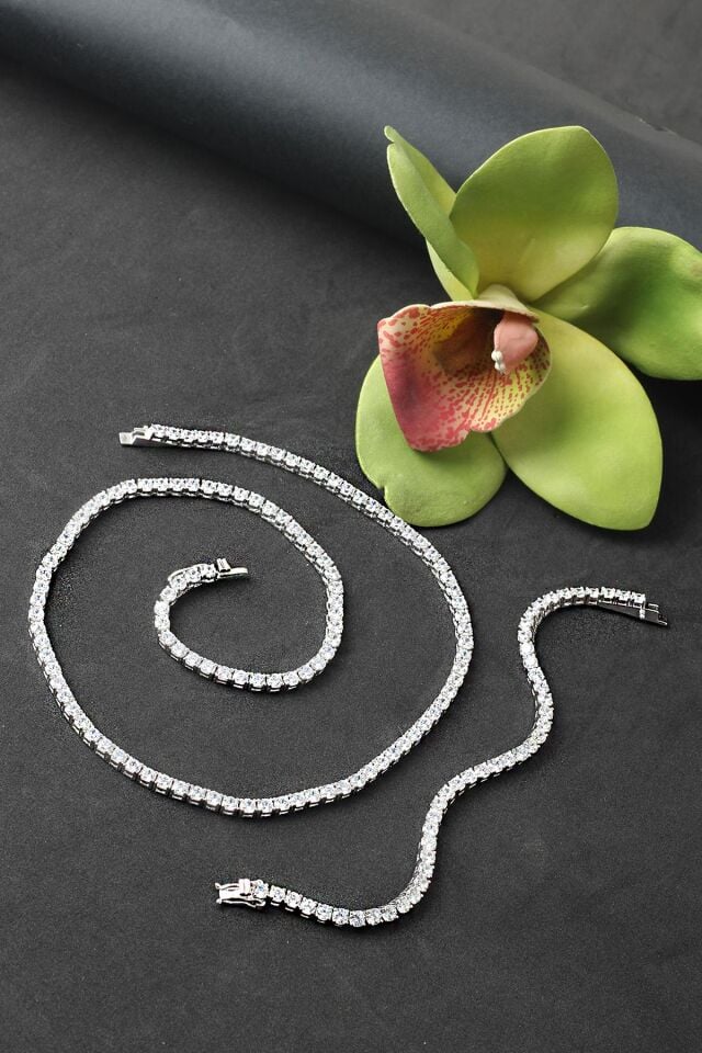 Su Yolu Gümüş Gerdanlık Set Kolye Bileklik 925 Ayar Gümüş Silver Beyaz Zirkon Taşlı Özel Günler İçin Düğün Kına Nişan Abiye Set