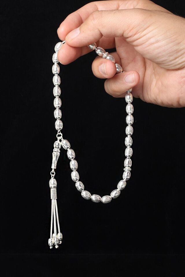 Tesbih Erkek Oval Silver Beyaz Bilek Boyu Gümüş 925 Ayar Tesbih