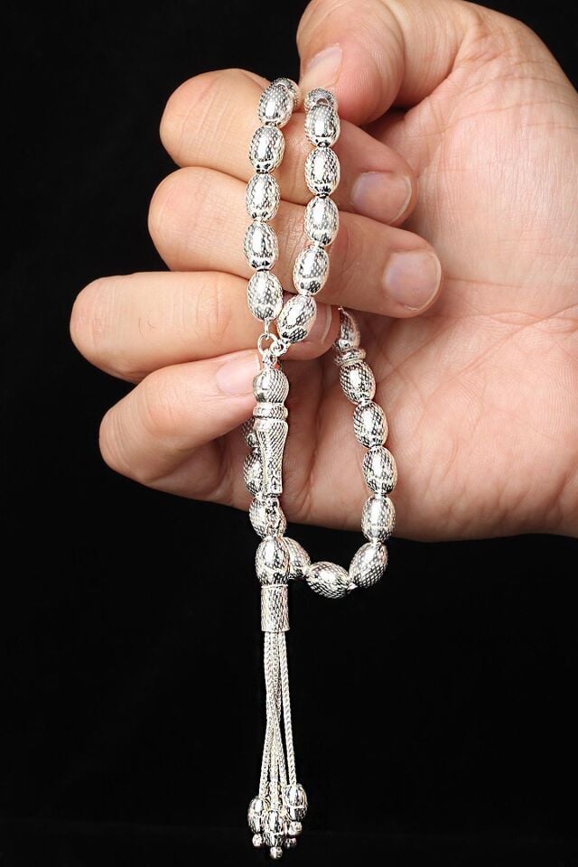 Tesbih Erkek Oval Silver Beyaz Bilek Boyu Gümüş 925 Ayar Tesbih