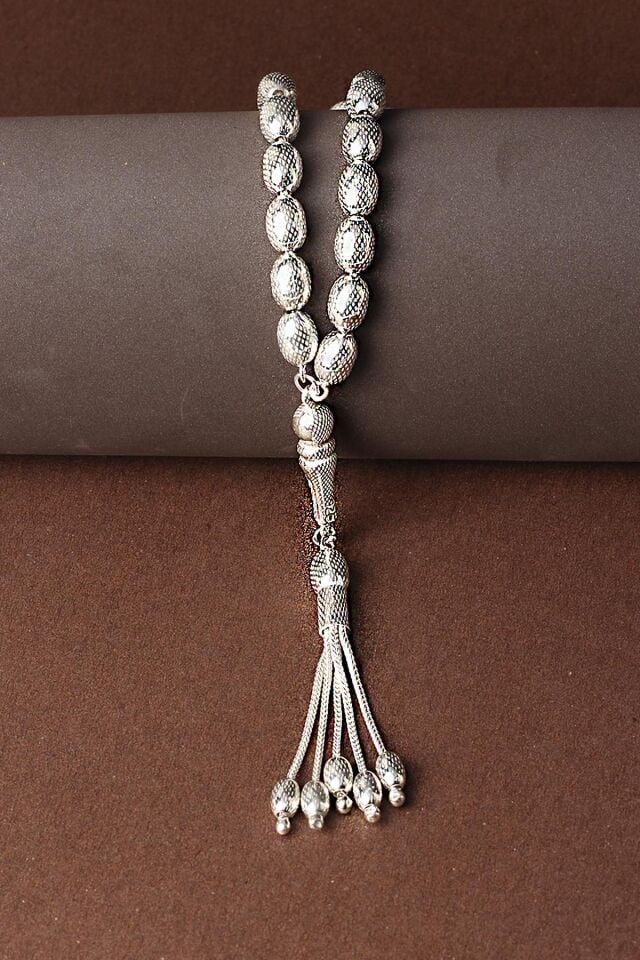 Tesbih Erkek Oval Silver Beyaz Bilek Boyu Gümüş 925 Ayar Tesbih
