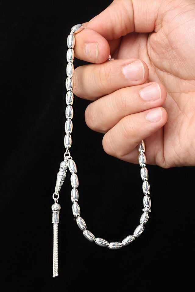Tesbih Erkek Oval Silver Beyaz Bilek Boyu Gümüş 925 Ayar Tesbih