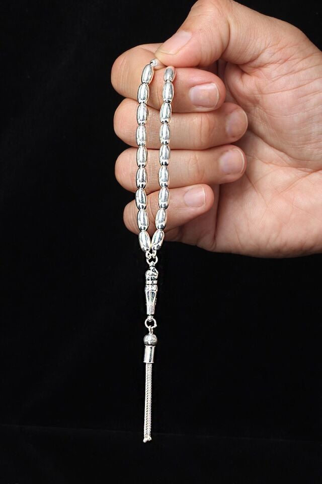 Tesbih Erkek Oval Silver Beyaz Bilek Boyu Gümüş 925 Ayar Tesbih