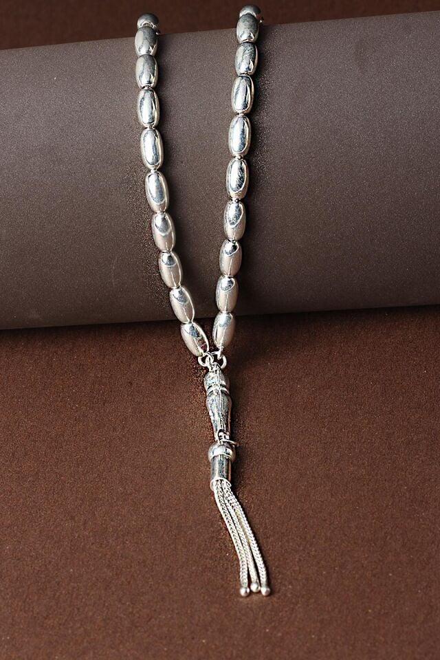 Tesbih Erkek Oval Silver Beyaz Bilek Boyu Gümüş 925 Ayar Tesbih