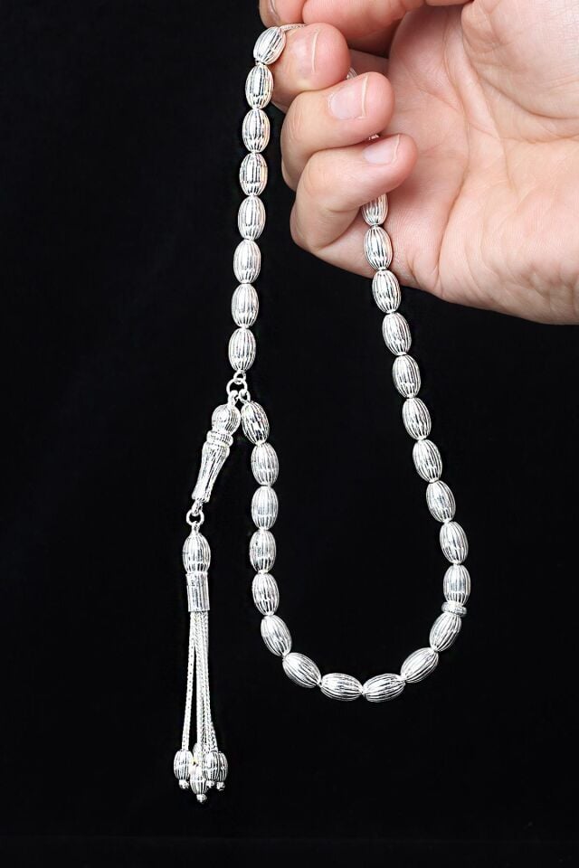 Tesbih Erkek Oval Silver Beyaz Bilek Boyu Gümüş 925 Ayar Tesbih