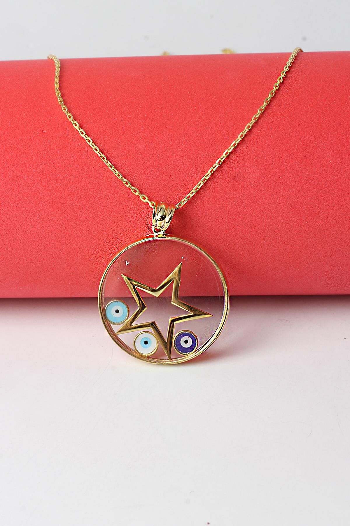 Kolye Altın Yıldız Model Nazar Boncuklu Mavi Göz Mineli 925 Ayar Kolye Gümüş