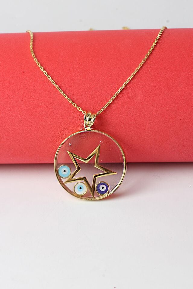 Kolye Altın Yıldız Model Nazar Boncuklu Mavi Göz Mineli 925 Ayar Kolye Gümüş