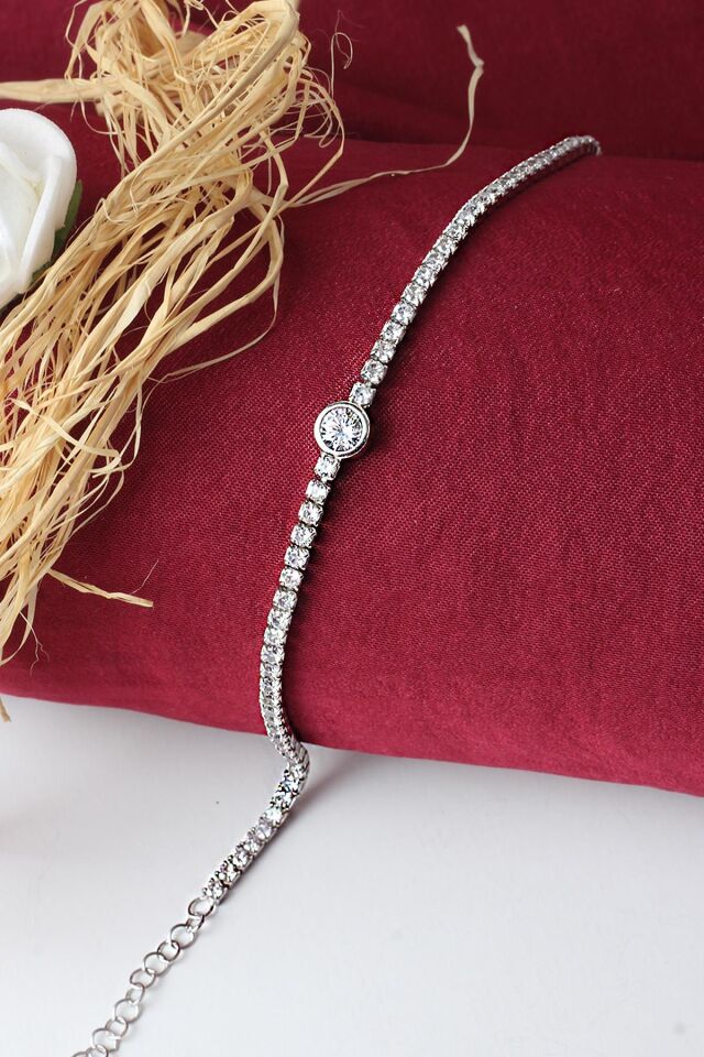 Tektaş Su Yolu Tenis Bileklik 925 Ayar Zirkon Taşlı Beyaz Silver Zincir Bileklik