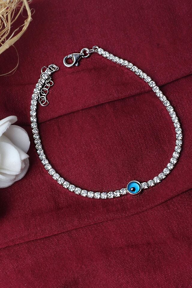 Su Yolu Bileklik Nazar Boncuklu Göz 925 Ayar Zirkon Taşlı Beyaz Silver Zincir Bileklik