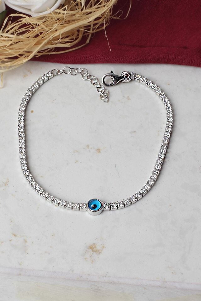 Su Yolu Bileklik Nazar Boncuklu Göz 925 Ayar Zirkon Taşlı Beyaz Silver Zincir Bileklik