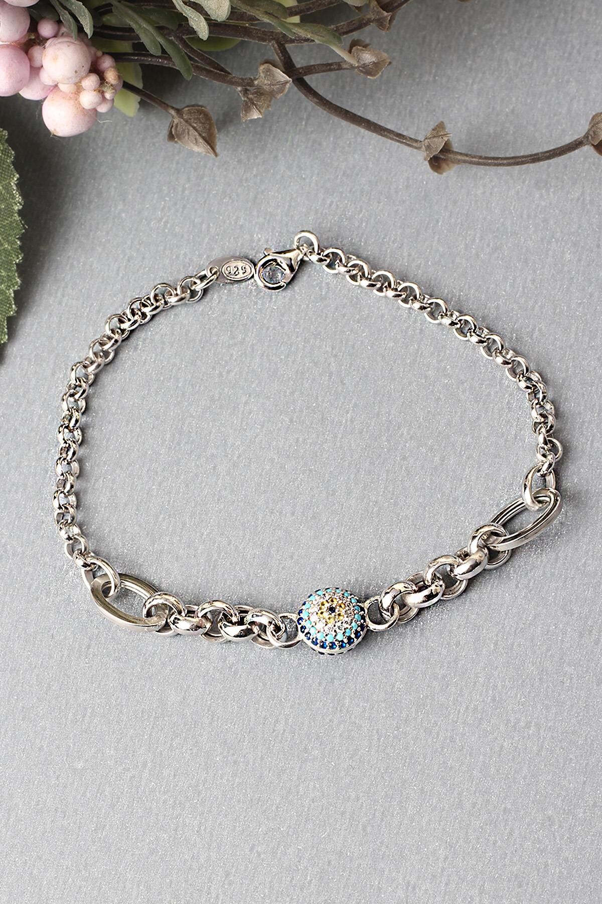 Zincir Bileklik Nazar Göz Yuvarlak 925 Ayar Gümüş Zincir Bileklik