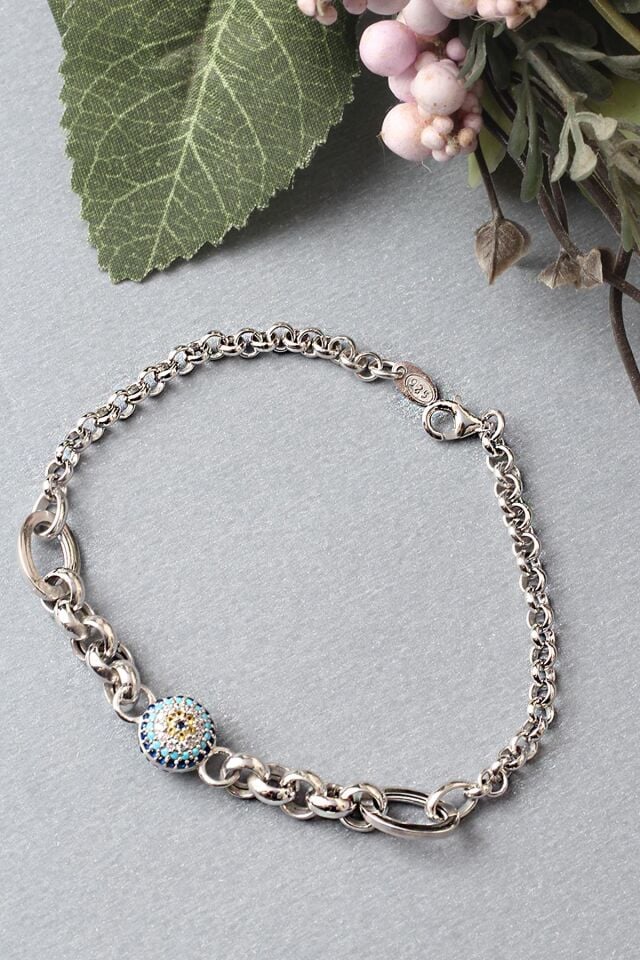 Zincir Bileklik Nazar Göz Yuvarlak 925 Ayar Gümüş Zincir Bileklik