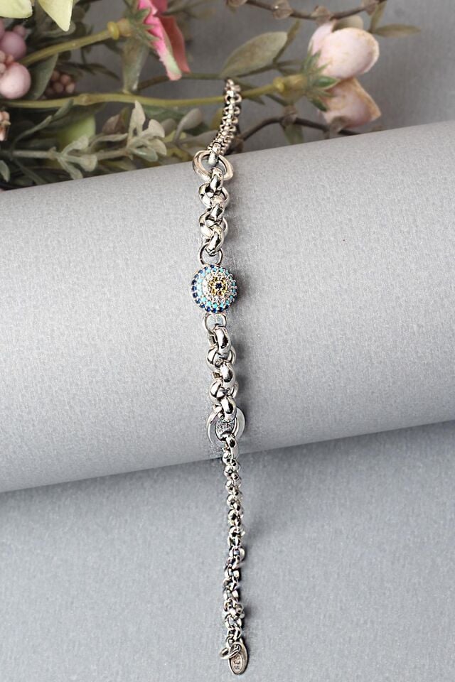 Zincir Bileklik Nazar Göz Yuvarlak 925 Ayar Gümüş Zincir Bileklik