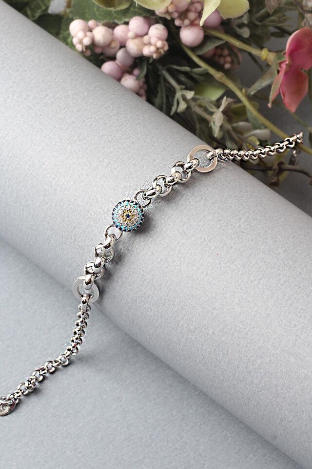 Zincir Bileklik Nazar Göz Yuvarlak 925 Ayar Gümüş Zincir Bileklik