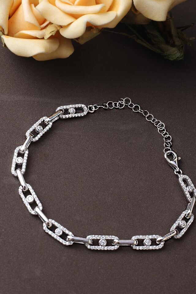 Zincir Bileklik Yuvarlak 925 Ayar Gümüş Zirkon Taşlı Bileklik