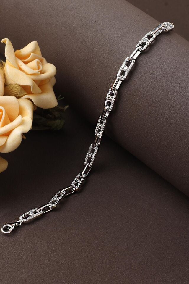 Zincir Bileklik Yuvarlak 925 Ayar Gümüş Zirkon Taşlı Bileklik