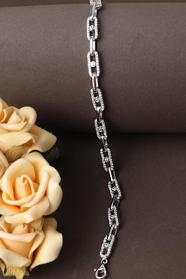 Zincir Bileklik Yuvarlak 925 Ayar Gümüş Zirkon Taşlı Bileklik