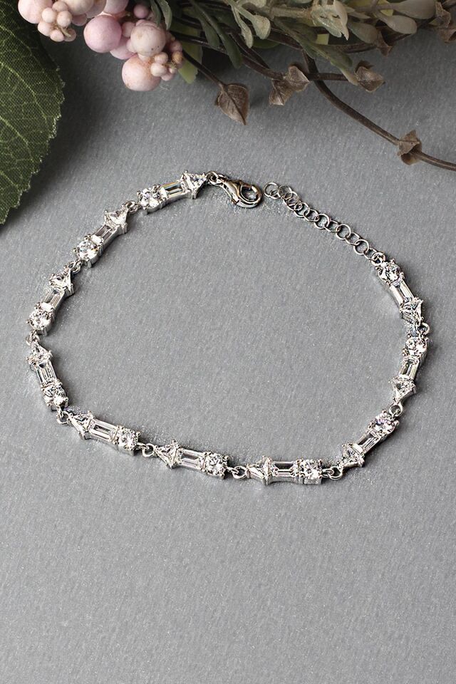 Tektaş Su Yolu Bileklik Baget Dikdörtgen Beyaz Silver Zirkon Taşlı 925 Ayar Zincir Bileklik