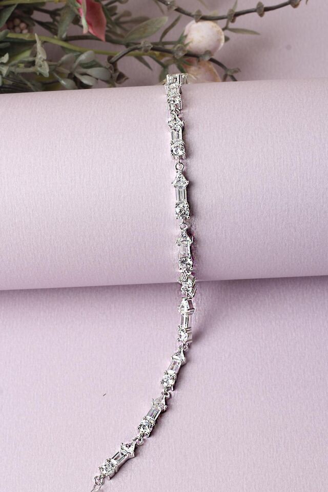 Tektaş Su Yolu Bileklik Baget Dikdörtgen Beyaz Silver Zirkon Taşlı 925 Ayar Zincir Bileklik