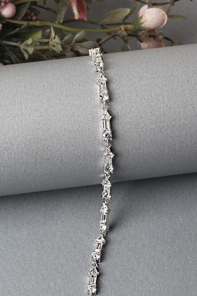 Tektaş Su Yolu Bileklik Baget Dikdörtgen Beyaz Silver Zirkon Taşlı 925 Ayar Zincir Bileklik